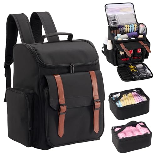 Hautton Traveling Barber Bag, Large Capacity Travel Hairdresser Case with Shoulder Strap Hairstylist Cosmetology Backpack for Hair Cutting Tools Barber Essential Supplies -Black