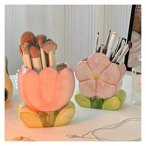 Rangement de pinceaux et pot à crayons en céramique design fleur blanche