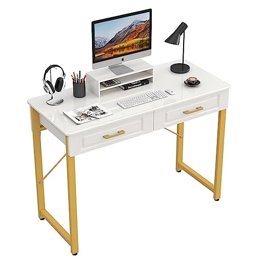 WESTREE Modern Makeup Vanity Desk with Glossy Desktop, Bedroom Home Office Writing Desk with Drawers, Storage Shelf, Gold Metal Frame for Dressing Table Without Mirror(40inch,White)