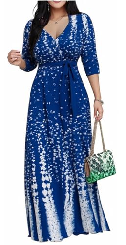 Image of Women's Church Maxi Wrap V Neck 3 /4 Sleeve Tie Waist Plus Size Long Dress | Flattering wrap V-neck design enhances curves. High elastic tie waist accentuates the slimmest part, hides tummy.