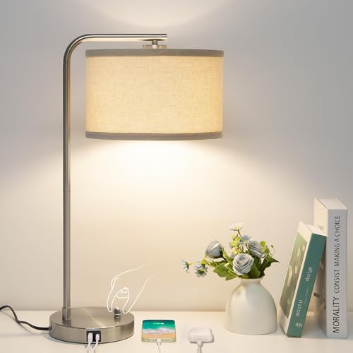 Table Lamp for Living Room, Modern Bedside Lamp with USB C+A Ports, Fully Dimmable Nightstand Lamp...