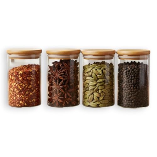 Image of Airtight Glass Storage Jar with Bamboo Lid, 280 ml Pack Of 4 | Multipurpose Kitchen Container for Coffee, Tea, Sugar, Spices, Dry Fruits & Snacks | Transparent Pantry Organizer Jars