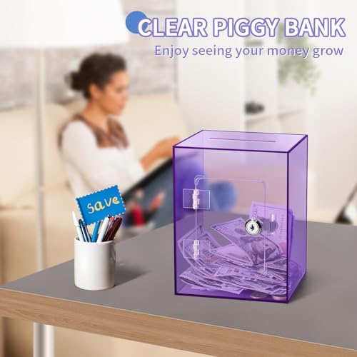 Image of Clear Piggy Bank for Adults Kids, Large Acrylic Piggy Bank Money Saving Box for Cash Saving with Key, Openable Clear Acrylic Savings Jar for Real Money (Purple)