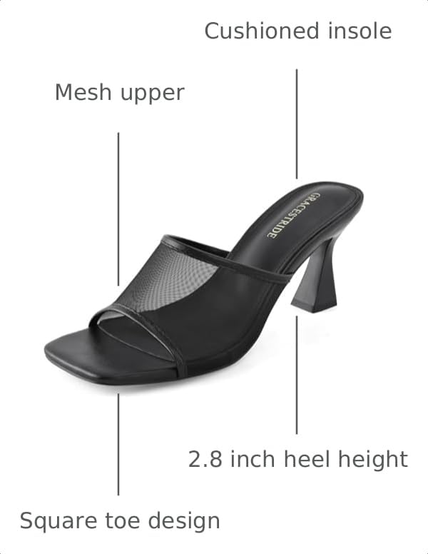 Image of Women's Mule Heels Chunky Kitten Heeled Sandals Mesh Slip On Square Toe Comfortable Casual Dress Pumps Shoes
