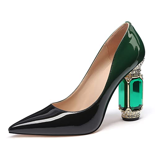 Image of JANSEVEN Women Chunky Heels Pumps Crystal Block Heels with Rhinestones Pointed Toe Sexy Gradient Patent Leather Slip on Bridal Party Wedding Dress Shoes 5-13 M US