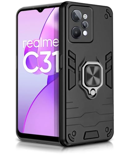 Image of WOW IMAGINE Shock Proof Back Case Mobile Cover for Realme C31 (Armor | Hybrid PC + TPU | Full Protection with Ring Holder Kickstand | Carbon Black)