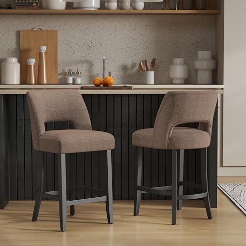 Image of VKNOW Bar Stools Set of 2, 26 inch Upholstered Counter Height Bar Stools, Modern Counter Stools with Black Legs for Kitchen Island Dining Room Bar, Brown-Black Legs