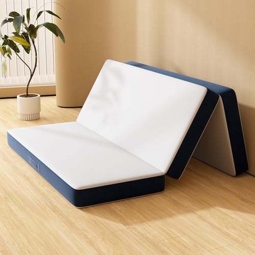 DEWINNER Folding Mattress Double 135x190x10cm 10 cm Foam Foldable Mattress Guest Folding Mattress with Machine-washable Cover Foldable in Three Floor Mattress with handle for Travel Camping