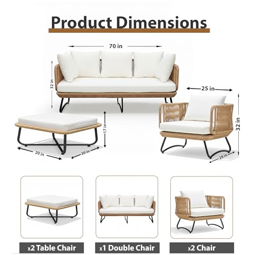 Image of Amazon Brand - Solimo Harbor Outdoor Rope Sofa Set | Balcony Sofa | Patio Conversation Sets | Braided Rope Garden Sofa Set and Ottoman (7 Seater - Beige)