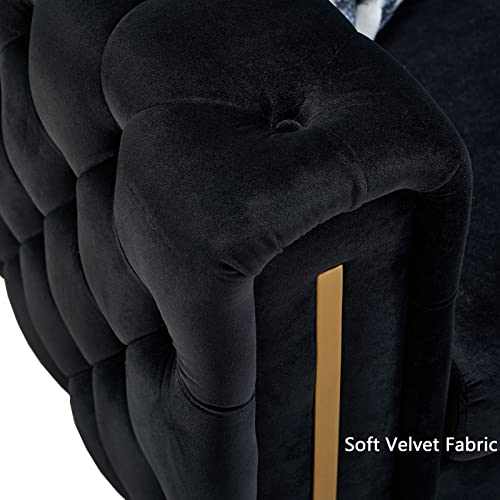 Image of Dolonm Velvet Tufted Sofa for Living Room, 84 inch Mid-Century Modern Couch with 2 Throw Pillows, High Arms & Gold Metal Legs, Luxury Chesterfield Furniture (Black)