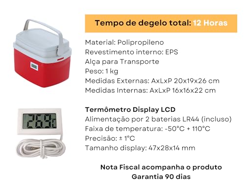 Caixa Térmica Cooler de 5 litros com Termômetro Digital Simples com Certificado de Calibração e 4 Ge