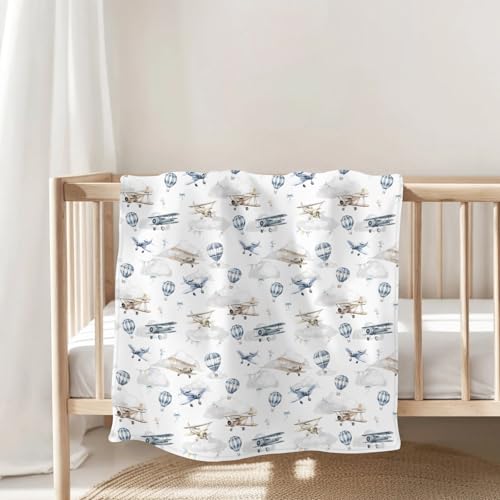 Image of Vintage Planes Airplanes Helicopters Baby Blankets for Boy Girl Hot Air Balloon Plane Clouds Sky Soft Flannel Nursery Bed Blankets for Infant Toddler Crib Swaddle Receiving Blankets 30x40