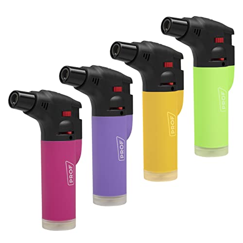 PROF Soplete De Cocina Soft, Profesional Antorcha Butano Encendedor Mechero, Recargable, con Bloqueo de Seguridad & Llama Ajustable para barbacóa Crema Cámping (Gas precargado), Pack x4