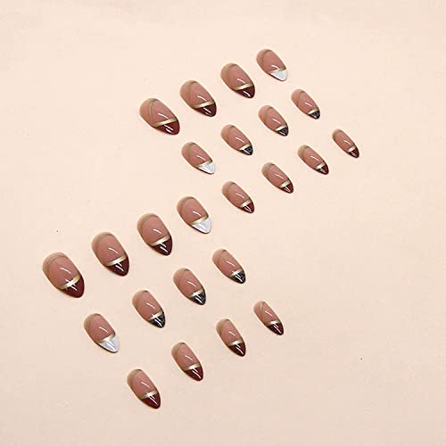 Short Press On Nails French Tip Almond Fake Nails Gold Foil Leopard Designs False Nails Oval Glossy Full Cover Glue On Nails White Brown Nude Acrylic Nails For Women Girls 24Pcs #TOP4