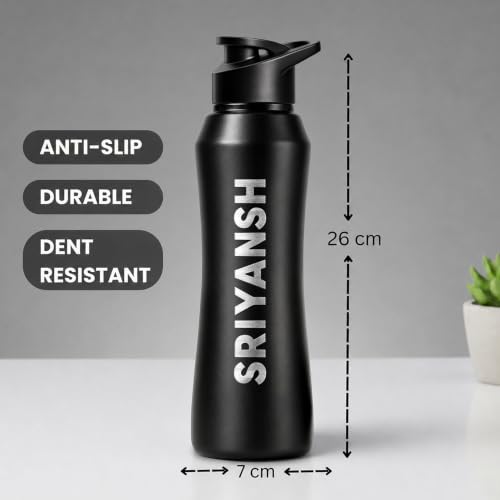 Image of Speedex Customised Engraved Name Stainless Steel Water Bottle 1 Ltr - Personalised Sipper Cap Bottle for Kids, Men & Women, School, Gym, Travel, Black, BIS Approved, Set of 1