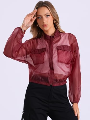 Allegra K Sheer Bomber Jacket for Women's Zip Up Long Sleeve See Through Jackets4