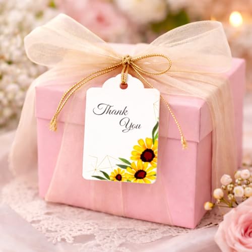 Image of CVANU Floral Thank You Gift Tags (Set of 200), Elegant Flower Design (D9) Hanging Tags with Gold String for Wedding Return Gifts & Small Business Packaging (2.85 x 1.7 Inch)