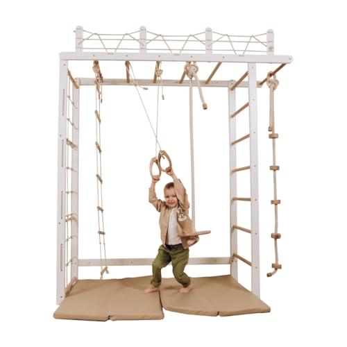 Wood And Hearts Montessori Drinnen Schwedische Leiter für Kinder, Indoor Klettergerüst, Indoor Kletterwand für Kinder, Turngeräte mit Seilzubehör in Weiß und Naturholzfarbe