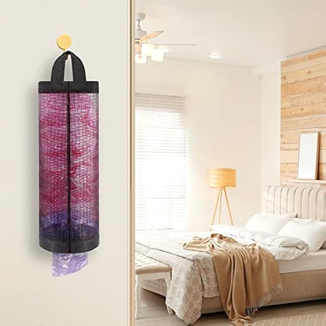 Moniko Plastic Bag Holder - 2 Pack Mesh Grocery Bag Dispenser, Foldable Washable Hanging Organizer for Kitchen (Black)