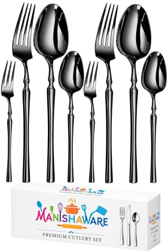Image of Classic Black 8 Pcs Stainless Steel Cutlery Set for Dining Table, Dishwasher Safe Glossy Flatware (Perfect Spoon Fork Set)