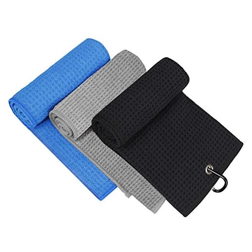 MOSUMI 3 Pack Golf Towel for Bags with Clip and Microfiber Waffle Pattern, Tri-fold Blue, Black and Gray