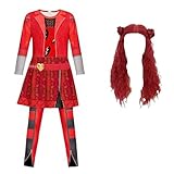 Ounfhtrttk Costume Rosso Principessa per Bambina - Tuta con Parrucca per Bambini Vestiti da Festa di Halloween Cosplay 5-12 L