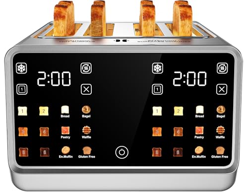 4 Slice Toaster with Dual Touchscreen, 1800W Stainless Steel Dual Zone Independent Control Extra Wide Slot 1.5 Inch, Smart BreadID Timer for Bagel Waffle, Kitchen Essentials