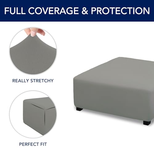 Image of PureFit Super Stretch Form Fit Square Ottoman Cover Rectangle - Ottoman Slipcovers for Foot Stool & Folding Storage Furniture for Living Room with Nonslip Elastic Bottom (Medium-XL, Light Gray)