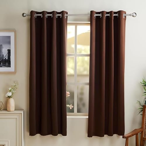 Image of HUTI Home Blackout Window Curtain for Home | Heavy Solid Polyester Eyelet Curtain | Brown | 5 Feet (120 x 152 cm) | Set of 2