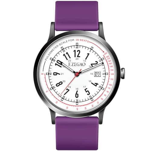 F.ZEGAO Nurse Watch with Second Hand Nursing Women Men 50M Waterproof Watches for Swimming 12/24 Hour Military Time Luminouse Easy Read Dial Pulsometer Analog Watch for Nurses (Purple)