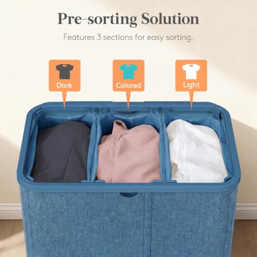 Image of Lifewit 185L 3 Section Laundry Hamper with Lid, Large Laundry Basket with Handles and Removable Bags, Tall Clothes Hamper, Foldable Laundry Sorter for Bedroom Bathroom, Dark Blue