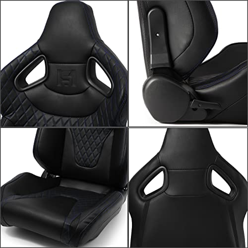 Modifystreet 1 Pair Universal Black W/Blue Stitching Pvc Reclinable C-Series Racing Seats W/Slider Left/Right #TOP4