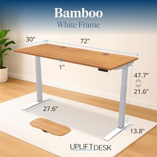 Image of UPLIFTDESK Bamboo (72 x 30 inch) Standing Desk 2-Leg V3 Adjustable Stand Up C-Frame (White), Advanced Keypad, Wire Grommets, Wire Tray, Rocker Board