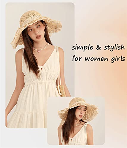 Sombrero de paja para mujer con ala ancha y encaje beige miniatura 3