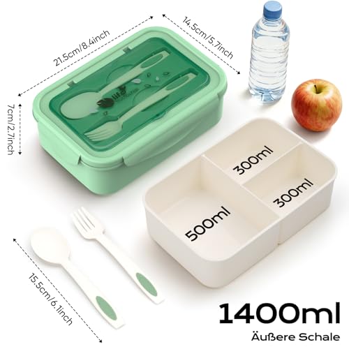 Foto von BIBURY Brotdose Lunchbox Erwachsene & Büro 1400ml, auslaufsichere, Große Bento Box mit 3 Fächern & Besteck, mikrowellengeeignet für Schule Arbeit Männer Frauen & Kinder (Grün)