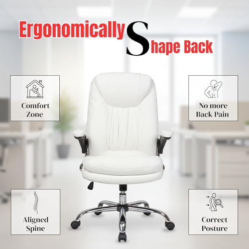 Image of Premium Leatherette Executive Office Chair with Chrome Base & Padded Armrests | Adjustable Height Swivel Desk Chair for Office & Home (White)