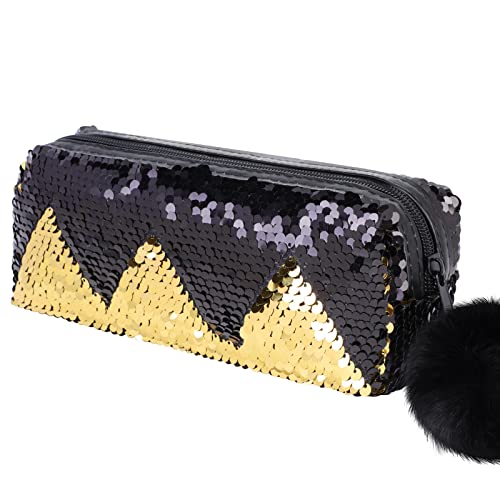 PHOGARY Sequin Preppy Pencil Case for Girls, Fluffy Zip Pull Pouch Bag Holographic Pen Case Sparkling School Stuff Shimmery Glitter Makeup Bag (Black, Gold)
