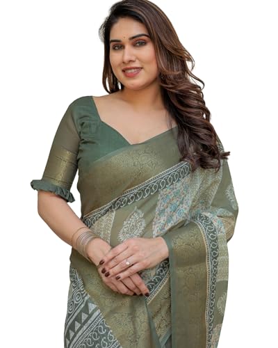 Image of ALMAARI FASHION Floral Printed Cotton Saree for Women with Handloom Zari Weave, Traditional Lightweight Ethnic Saree for Wedding Festive Office Party with Blouse Piece (LINEN 81-90 SH)