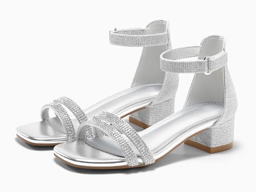 Image of Coutgo Girls Dress Shoes Sandals Chunky Low Heels Rhinestone Strap Flower Girl Wedding Party Shoes
