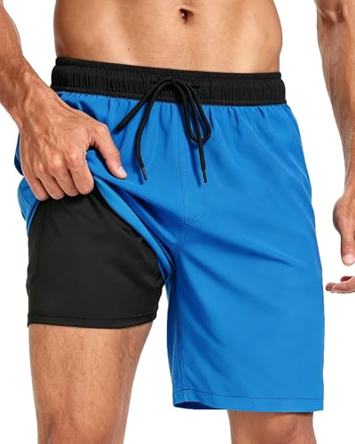 Image of Mens Swim Trunks with Compression Liner 2 in 1 Quick Dry Swimming Shorts Swimwear Bathing Suits with Pockets, A Mix Light Blue, M