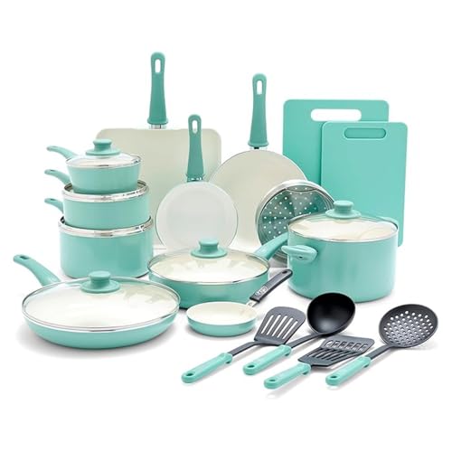 HJZSZX Juego de 23 ollas y sartenes para saltear salsas de cerámica antiadherentes saludables de agarre suave con cocina, turquesa, 23 piezas