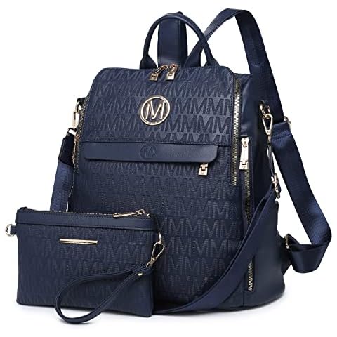 MKP Women Fashion Backpack Purse PU Leather Convertible Medium Ladies Rucksack Travel Shoulder Bags Handbag and Purse 2Pcs, Blue, M, Rucksack Backpacks Cover