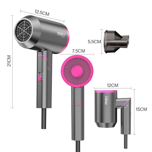 Secador Pelo Profesional Iónico - DEWILY Secadores de Pelo iones 1800W, 3 Temperaturas, Concentrador, Secador de Pelo Pequeño Compact, Secador de Viaje, Plegable, 2 Metros de Cable