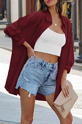 Image of FSHAOES Womens Oversized Button Down Shirts Casual Loose Long Sleeve Solid Lapel Long Blouses Tops with Pockets