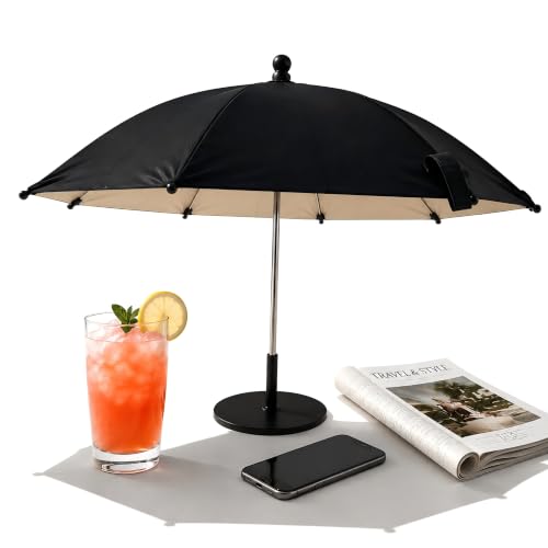 Noraling Mini Sun Shade Umbrella with Windproof Base Protects Drinks Phones and Devices from Sun Wind Debris and Light Rain for Pool Tabletop Camping Patio
