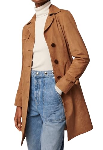 Womens Long Body Real Suede Leather Trench Coat for Womens Lapel Collar Double Breasted Car Coat Oversized