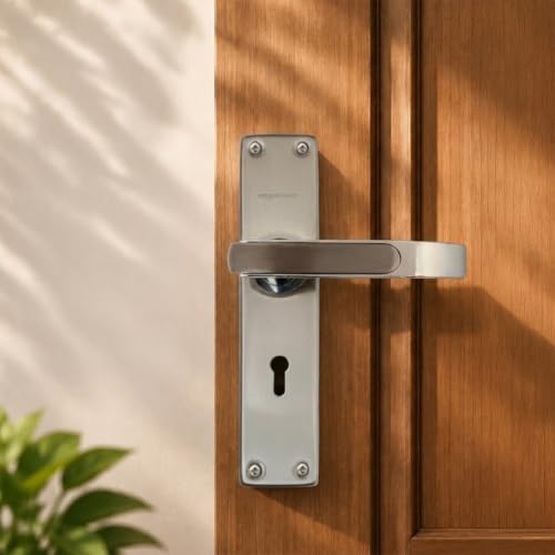 Image of Amazon Basics Mortise Door Lock Handle Set | BIS Certified Brass Lock Body | Auto-Retraction Mechanism | Suitable for Left & Right Handed Doors | Satin Steel Finish | Includes 3 Keys