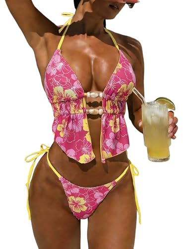Image of ZAFUL Halter Swimsuits for Women Textured Backless 2 Piece Bathing Suits Cheeky High Cut String Tie Side Bikini Sets