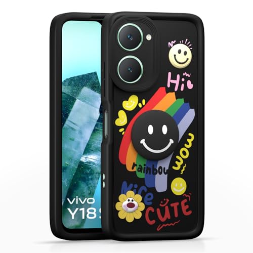 Image of Pikkme Back Cover for iQOO Z9 Lite 5G / Vivo T3 Lite 5G / Vivo Y18 / Y18e / Y03 | Soft Silicone| Cute Rainbow Smile & 3D Cartoon Flower Design | Shockproof Raised Camera protection Bumper Case (Black)