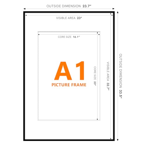 Image of Homso A1 Poster Frame in Black, Metal Thin Board A1 Frame with Acrylic Plexiglass for Pictures A2 with Mat or 23.4x33.1 without Mat for Horizontal and Vertical